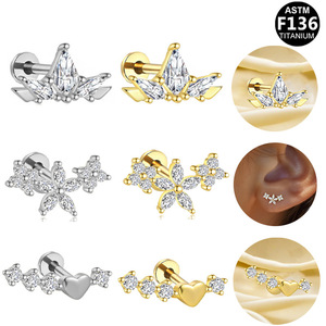 Titanium Alloy <b>Earrings</b> F136 Zirconia Studs Flower Heart Shape Women's Piercing Jewelry Party Fashion - Product Image 1