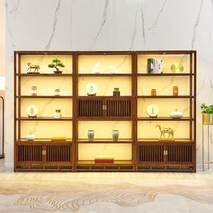 Étagère de présentation en bois massif de style chinois moderne avec éclairage LED, décoration intérieure - Product Image 1
