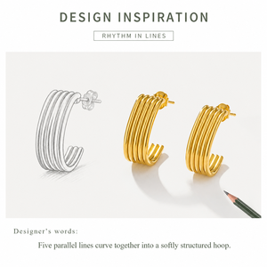 Pendientes de Aro con Múltiples Aros, Acero Inoxidable, Chapado al Vacío en Oro de 14K, Cinco Líneas Redondeadas Paralelas, Diseño Curvo Abierto - Product Image 3