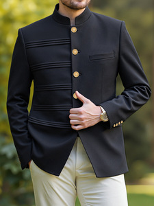 Blazer de <span class=keywords><strong>costume</strong></span> à col mandarin personnalisable en gros, avec détails à rayures horizontales et boutons métalliques dorés, <span class=keywords><strong>costume</strong></span> formel noir - Product Image 3