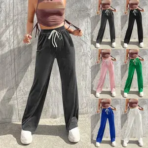 2023 New Winter Lace Up Pants pantaloni a gamba larga in velluto da donna pantaloni dritti a vita alta pantaloni sportivi larghi coreani pantaloni lunghi caldi