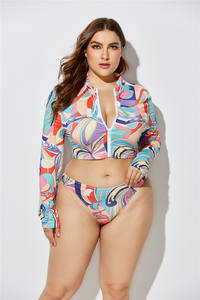 S-5XL 2023 femmes grande taille manches longues fermeture éclair haut cravate die flore coloré 3 pièces bikini ensemble maillot <span class=keywords><strong>de</strong></span> <span class=keywords><strong>bain</strong></span> avec bandeau - Product Image 5