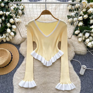 Fall Women's <b>Patchwork</b> Knit <b>Top</b> With Ruffled Hem and Sleeves Fashion - Product Image 4