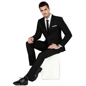 Traje de Negocios para Hombre, Estilo Italiano, Negro, Corte Entallado, Antiarrugas, Cuello de Solapa, Largo Regular - Product Image 3