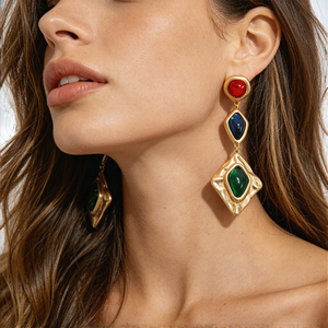 Pendientes Colgantes Geométricos Vintage de Latón Chapado en Oro con Piedras de Resina para Mujer, Regalo de Boda - Product Image 2
