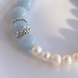 Bracelet en perles d'angélite bleu clair avec breloque fleur en <span class=keywords><strong>perle</strong></span> et argent, chaîne ajustable, bijoux de mode - Product Image 3