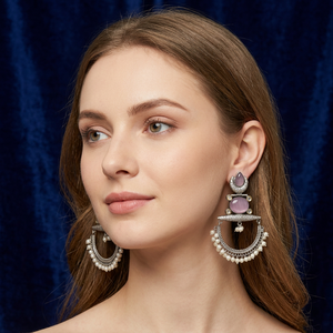 Oxidized Silver Plated Chandbali Jhumka <b>Earrings</b> <b>Pink</b> Monalisa Stone <b>Pearl</b> Beaded Women Party Indian Ethnic Jewelry Wholesale - Product Image 2