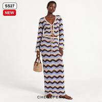 Robe en tricot pour femme, style bohème, motif chevron, crochet ajouré, jupe longue à cordon de serrage, vente en gros fabricant
