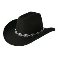 Chapeau de cowboy en feutre noir en gros avec chaîne de conchos turquoise argentée, chapeaux de style western et country