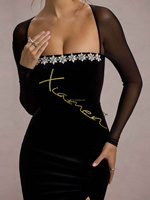 Robe longue élégante noire à col carré en maille, ornée de perles, tendance luxe Ocstrade 2026, manches longues, style décontracté