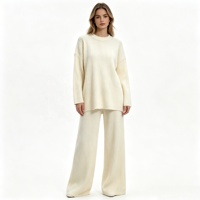 Ensemble deux pièces côtelé pour femme de haute qualité, effet cachemire, mélange de laine, pull col rond et pantalon, vente en gros, prix d'usine