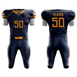 American Football Uniform Set Men's <b>Navy</b> Blue with Gold Accents V-Neck Short Sleeve Moisture Wicking Fitted Jersey and Pants - Product Image 1