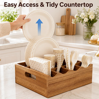 Support de rangement pour ustensiles de cuisine en bois d'acacia à prix abordable, distributeur de 6 compartiments pour assiettes en carton