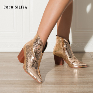 Bottines pour femmes Coco SILIYA, bout pointu, imprimé serpent, fermeture éclair, bottines Chelsea, tendance mode, talon en bois blanc - Product Image 3