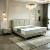 Lit luxueux et moderne en métal et pin, avec tête de lit haute, rembourrage en cuir véritable, durable, écologique et dossier réglable.