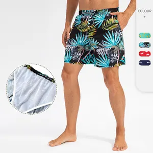 custom side pocket printed mesh fabric fitness shorts drawstring elastic waistband plant print running shorts for men