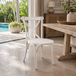 Chaises de salle à manger modernes en résine avec dossier croisé et finition lime wash, robustes et durables pour l'extérieur, les hôtels et les villas - Product Image 1