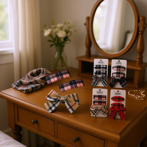 Barrettes à cheveux en ruban à carreaux Linda Fashion pour femmes, élégantes pour un usage quotidien, 6 cm, emballage carton. - Product Image 2