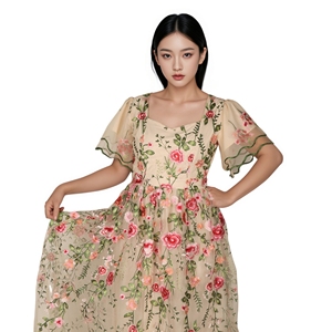 Vestido Midi con Estampado Floral en Relieve Azul Personalizado OEM/ODM, Manga Corta, Silueta Plisada, 100% Algodón, Ecológico, Transpirable, Verano - Product Image 4