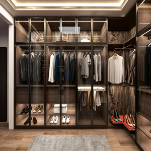 BALOM Custom <strong>Midcentury</strong> Modern Walk-in Closet Solid Wood Walnut MDF Glass Door <strong>Wardrobe</strong> Ready to Assemble with LED Light - Product Image 2