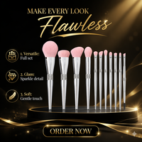 Ensemble de 11 pinceaux de maquillage JLY avec manche en diamant, poils doux, pinceaux pour le visage et les yeux, boîte cadeau de voyage avec paillettes argentées