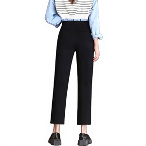 <b>Women's</b> High Waist Straight Leg Ankle-Length Pants Solid Color Crepe Fabric Breathable Anti-Wrinkle Casual Style Pockets - Product Image 3