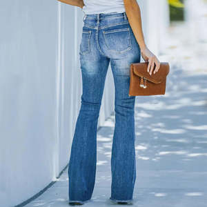 China Manufacturer's <b>Light</b> <b>Blue</b> White Washed Full-Length Wide Leg Flare Pants <b>for</b> <b>Women</b> Moms Good Quality Mid-Waist Skinny <b>Jeans</b> - Product Image 4