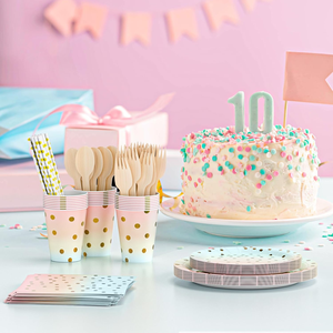 DAMAI - Vajilla Desechable para Fiestas en Rosa y Dorado Pastel, Platos de Papel, Vasos, Servilletas, Pajitas, Tenedores y Cucharas de Madera - Product Image 3