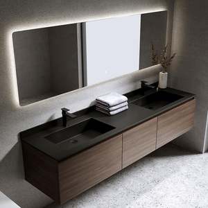 Meuble de salle de bain moderne minimaliste laqué mat, vasque en bois avec lavabo et miroir - Product Image 2