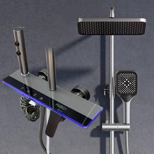 Ensemble <span class=keywords><strong>de</strong></span> <span class=keywords><strong>douche</strong></span> thermostatique à LED chromé poli, monté au <span class=keywords><strong>plafond</strong></span>, avec affichage <span class=keywords><strong>de</strong></span> la température, effet pluie et cascade, en laiton et céramique - Product Image 1