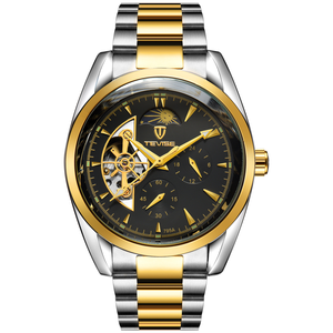 Reloj de hombre con esfera grande de 42 mm en negro y dorado, con iluminación nocturna, correa de acero impermeable y movimiento mecánico automático. - Product Image 1
