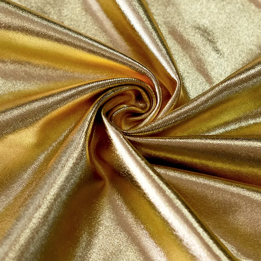 Ecologico 95% DTY poliestere 5% Spandex elasticizzato in oro metallizzato tessuto bronzante per spettacolo teatrale Costume