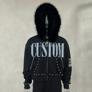 Hoodie court personnalisé en molleton bouclette de coton 500 g/m² de haute qualité, coupe ample, avec strass en pierres précieuses et impression DTG, capuche en fourrure - Product Image 1