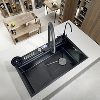 Robinet en cascade de style requin avec porte-couteaux, évier de cuisine en acier inoxydable à cuve unique, fait à la main