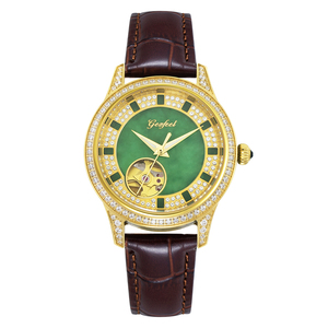 Reloj de Lujo para Pareja con Esfera Verde, Bisel de Diamantes, Mecanismo Automático y Correa de Cuero - Product Image 3