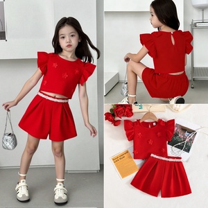 Kids <strong>Girl</strong> Two Piece Clothes Set Floral Flutter Sleeve Crop Top High Waist Wide Leg <strong>Shorts</strong> <strong>Red</strong> Summer Outfit - Product Image 2