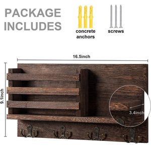 Porte-courrier mural en bois, organisateur de trieurs de courrier avec 4 crochets à Double clé - Product Image 5