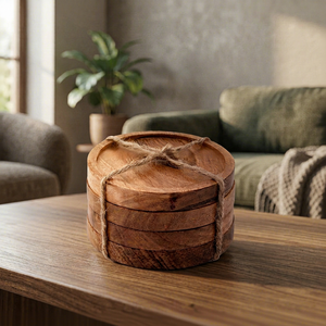Sous-verres ronds en bois naturel, lot de 6, faits à la main, écologiques, décoration de table rustique, supports pour tasses et mugs, pour table. - Product Image 1