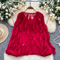 Chemise en mousseline de soie élégante pour femmes, col en V, manches lanternes, volants, pour l'automne, chemisier ample et fluide