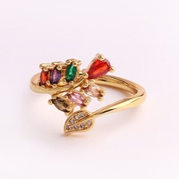 Assortiment de bagues ajustables en zircon cristal multicolores style fée vintage, plaqué or, bijoux fantaisie fleur et papillon
