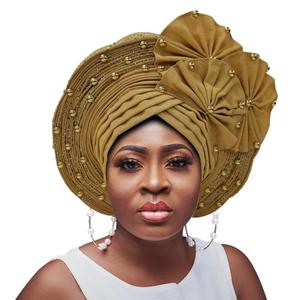 Sombrero Aso Oke Gele hecho a mano para <span class=keywords><strong>mujer</strong></span>, turbante de cuentas de flores únicas para deportes, Playa informal al aire libre, estilo africano Popular - Product Image 6