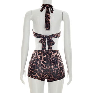Viviblook J26ST137 Women Summer Shorts <b>Set</b> Leopard Print Halter Vest Backless Lace Up Crop Top Tight Shorts Two Piece <b>Set</b> - Product Image 4