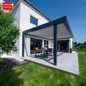 Pérgola Moderna de Aluminio para Exteriores de 5x5m, <span class=keywords><strong>Adosada</strong></span> <span class=keywords><strong>a</strong></span> la <span class=keywords><strong>Pared</strong></span>, con Sistema de Techo Bioclimático, Eléctrica, en Gris - Product Image 1