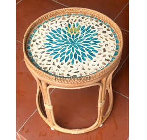 Chic Handwoven Cane <b>Bedside</b> Night <b>Table</b> Flower Motif Inlaid Shell Top <b>Round</b> Living Room Tea <b>Table</b> Decor from Vietnam - Product Image 5