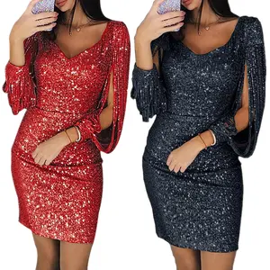 Hot Sale 2021 Sequined Evening Gown Mini Bodycon Women Dress Sexy Tassel Sleeves Fashion Vestidos
