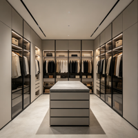 Système de dressing sur mesure de luxe moderne pour vêtements, en aggloméré, avec organisateur de rangement