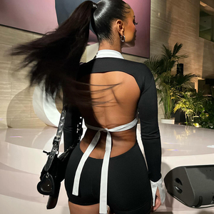 Logo personnalisé noir blanc profond col en V à manches longues printemps maigre dos nu barboteuses Streetwear évider combishorts femmes - Product Image 4