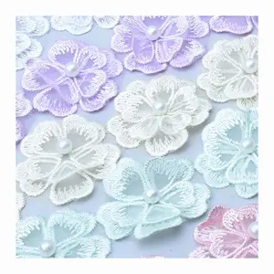 4 cm wide diy garment accessories Sewing lace five pedal heart design mesh fabric pearls 3D flower organza embroidery lace trims