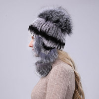 Chapeau d'hiver pour femme en fourrure de lapin rex et de renard cousue à la main avec rabat pour les oreilles et chaleur élastique