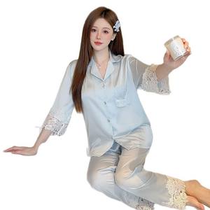 Venta al por mayor pijama de fábrica de alta calidad de satén camisón conjunto de ropa de casa para damas camisones Coreanos - Product Image 5